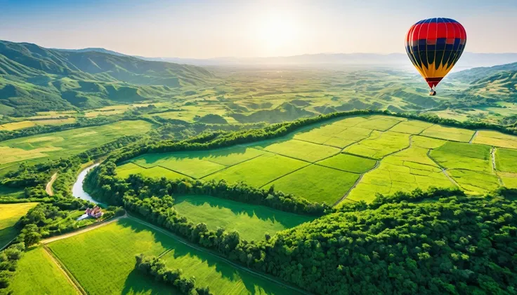 Picture of air balloon flying above a lush green valley on a warm sunny day