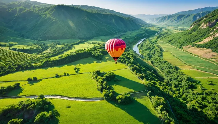 Picture of air balloon flying above a lush green valley on a warm sunny day