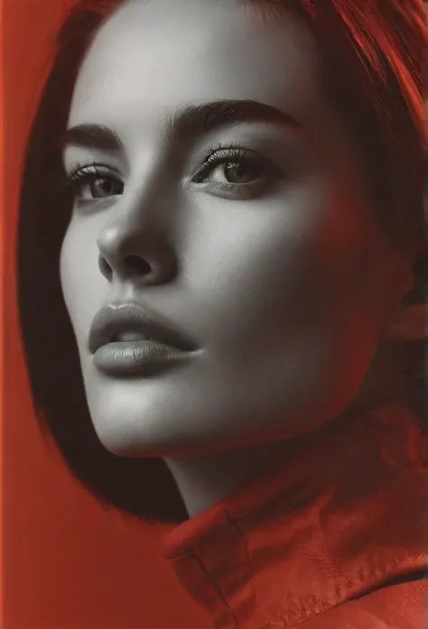 A red monochromatic photo of a woman in three quarter view close up shot, photo