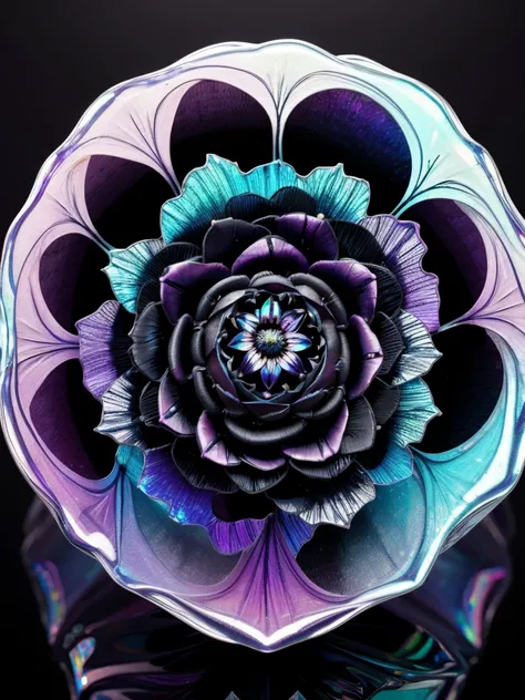 black flower made of liquid, an attractive iridescent fractal universal