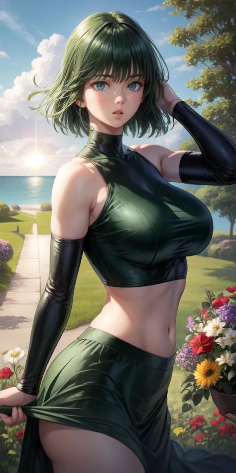 realistic, 1girl, fubuki, green hair, green eyes, big round breasts, pure white skin, shining eyes, dark green crop top, dark gr...