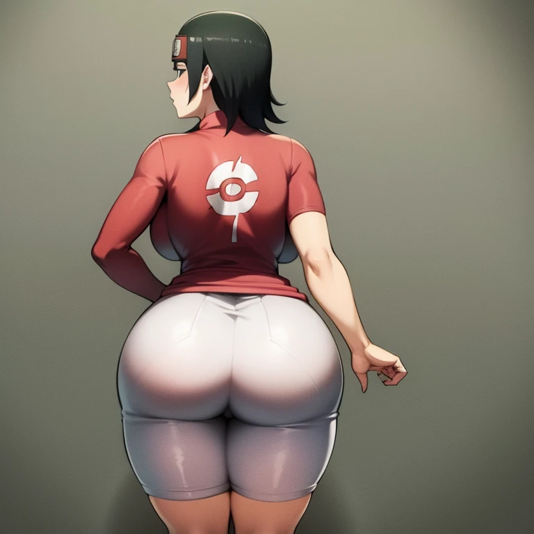 Sarada Uchiha, standing, back, tight shorts, huge and enormous ass, thick and round back cheeks, big breasts, short black hair, black eyes, forehead protector, bottom view, looking at the viewer, 