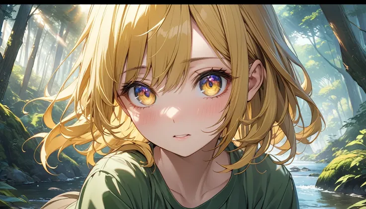 （8K，masterpiece，Highest quality），Hyper Detail，Primary forest，Golden hair shortcut、A fairy girl with a fleeting expression、Sunlight filtering through the trees、river、Highly detailed face、pupil