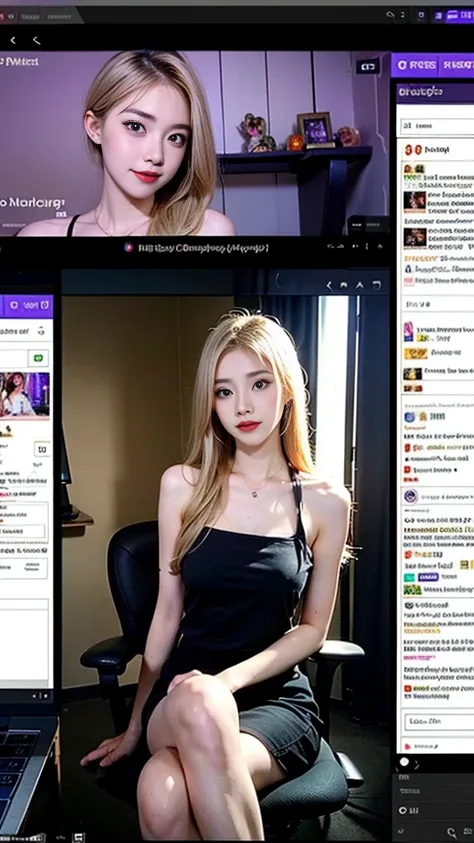 A woman is filming a Twitch broadcast, korean, fairly thin body, femme fatale makeup, thin waist, thin and pretty legs, fan service, blonde hair turned to one side, feminine dress, Personal broadcast interface screen, BJ, female Cam, on a private broadcast...