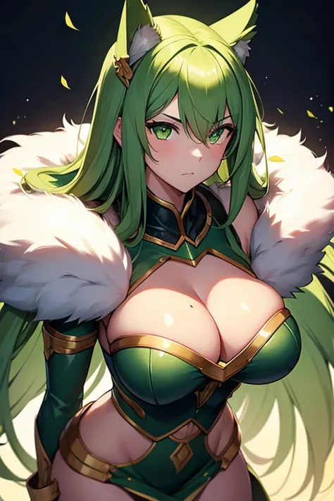 girl, long fur with green lap, lemon green eyes, big breasts, green metal armor.