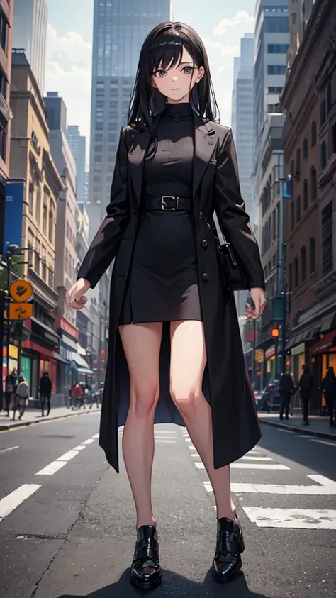 A woman in black Amy punk pursuit standing in city full body