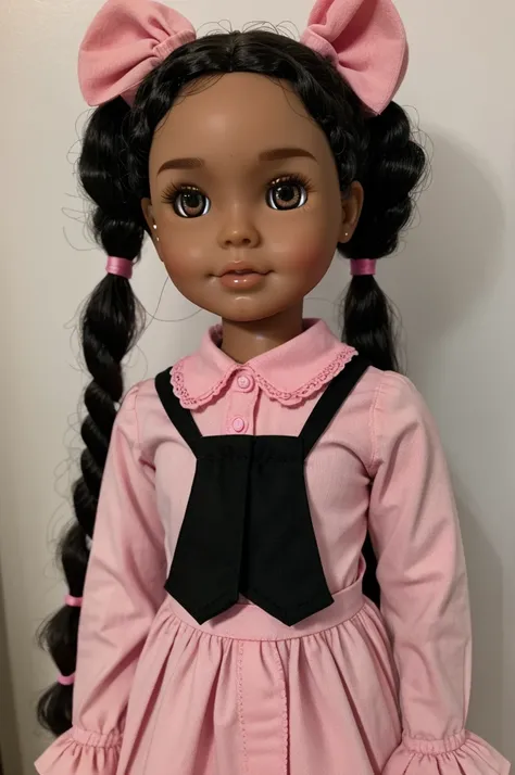 Black Blythe doll with 4C curly pigtails and long sleeve pink shirt