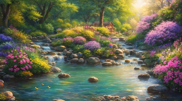 masterpiece, best quality, high quality,extremely detailed CG unity 8k wallpaper, An enchanting and dreamy scene of a fantasy garden, (((swam family in the water 1.4))), ducklings in the water, glowing flowers, and hidden fairy glens, creating a sense of m...