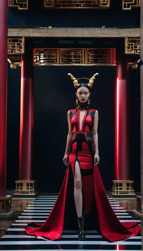 A fashion runway for alien technology , Cyberpunk fashion photography , Inspired by Chinese Xianxia and dark gothic，The fallen gods of Greek mythology，(Best quality,4K,8K,A high resolution,Masterpiece:1.2), (Realistic,Photorealistic,photo-realistic:1.37).