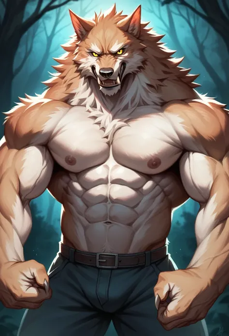 a muscular werewolf, detailed fur texture, sharp fangs, glowing yellow eyes, claws, aggressive expression, dark forest background, moonlit night sky, moody dramatic lighting, cinematic composition, intricate details, 4k, best quality, masterpiece, anime st...