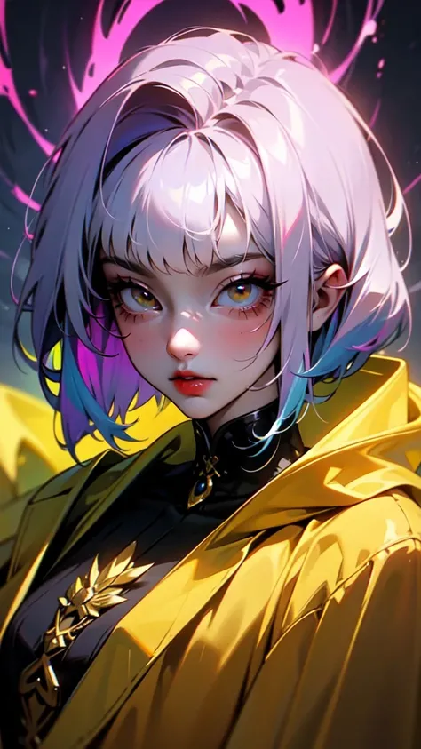 A teenager with a purple bob hairstyle and striking yellow eyes, draped in a long coat adorned with intricate details, stands out in a mesmerizing portrait. The vibrant colors of her hair and eyes contrast with her darker attire, creating a visually striki...