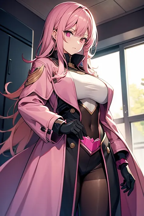 girl, long coat with pink lap, pink eyes, big breasts, pink metal armor.