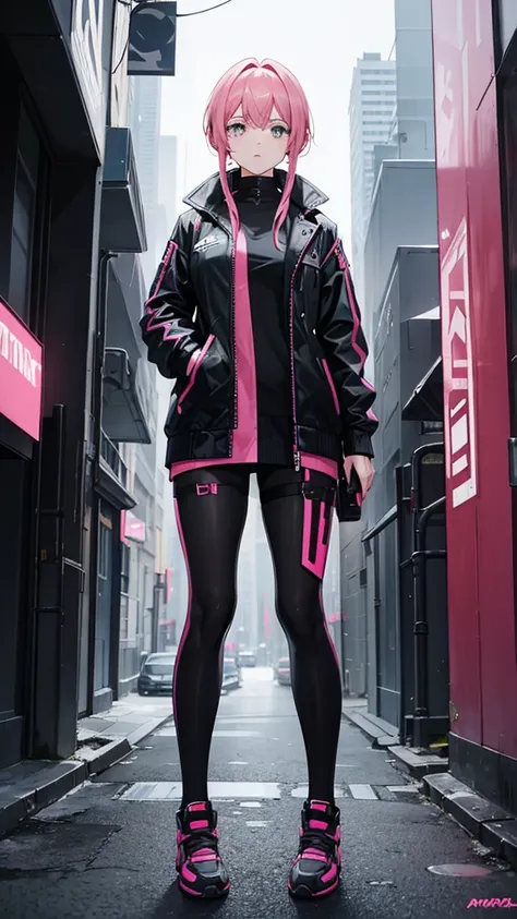 A woman in black and pink cyberpunk outfit standing in city full body