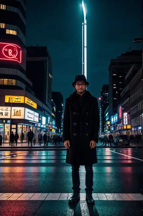 1men, solo, glasses, black hair, long hair, duffle coat, black bag, smile, looking at viewer, solo focus,
shibuyaSK, night, road, city, street, crosswalk, multiple boys, scenery, sign, outdoors, real world location, lamppost, building, cityscape, 6+boys, t...