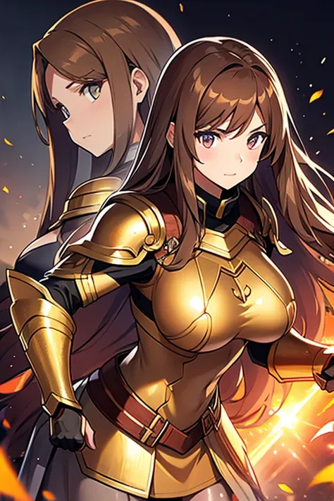 girl, long brown hair, amber eyes, big breasts, bronze metal armor .