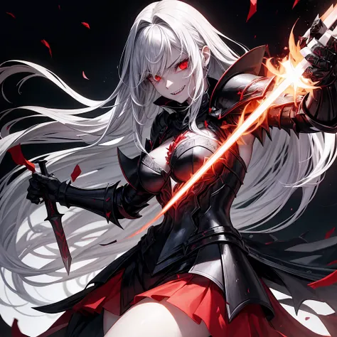 The image depicts a character with silver hair and red eyes, emanating a powerful and dark aura. She is dressed in intricate black armor, adorned with red accents that suggest high rank or status. The armor appears to be made of overlapping plates or scale...