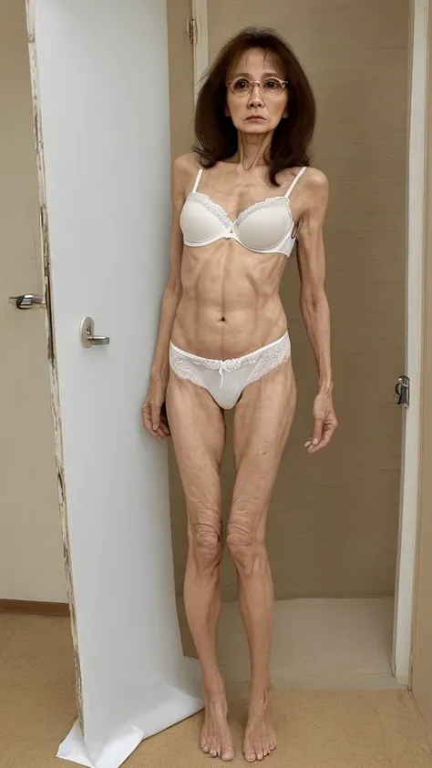 granny woman, 57 years old, very very skinny, nationality of Mexican, With wrinkles, housewife, in transparent white underwear, small panties and bra, With wrinkles de la edad, Long brown liso hair, full body, very very skinny, head on, with magnifying len...