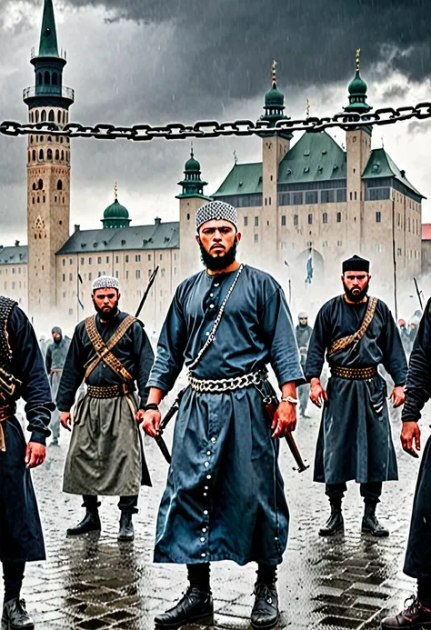 in a dystopian nordic capital, a scene of intense tension unfolds. armed muslim conquerors in traditional attire, equipped with ...