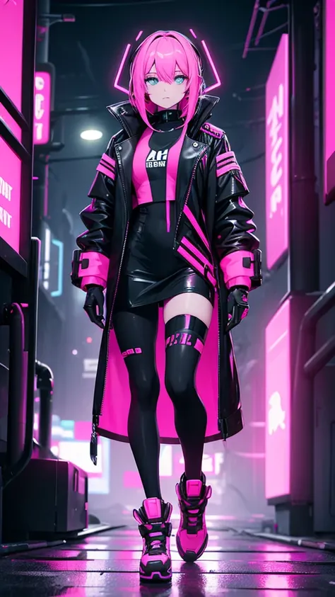 A woman in black and neon pink cyberpunk outfit full body