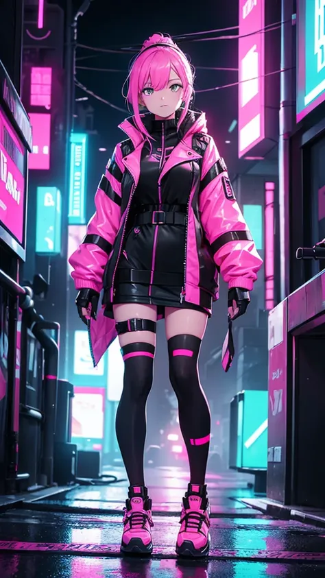 A woman in black and neon pink cyberpunk outfit full body