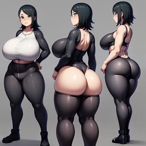 Bibi, Brawl stars, standing, back, tight leggings, huge and enormous ass, thick and round back cheeks, big breasts, short black hair, black eyes, bottom view, looking at the viewer, 