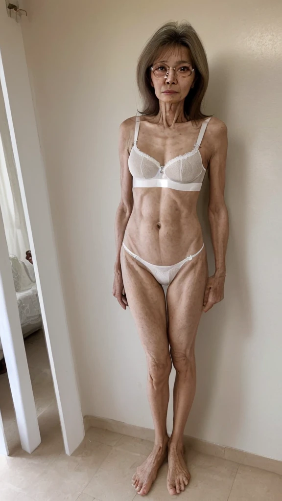 granny woman, 57 years old, very very skinny, nationality of Mexican, With wrinkles, housewife, in transparent white underwear, small panties and bra, With wrinkles de la edad, Long brown liso hair, full body, very very skinny, head on, with magnifying len...