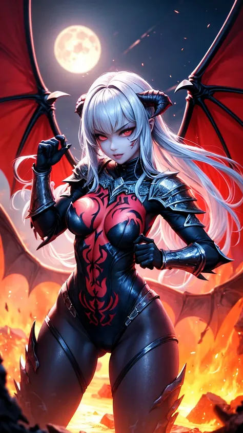 girl, demoness warrior, comprised of Antikythera mechanisms, dark, foreboding, dynamic action, dynamic motion, crouching, evil look, sexy, lowleg armour panties, claws, fangs, wings, busty,  demon tail, demonic armor, facepaint, bodypaint, red glowing eyes...