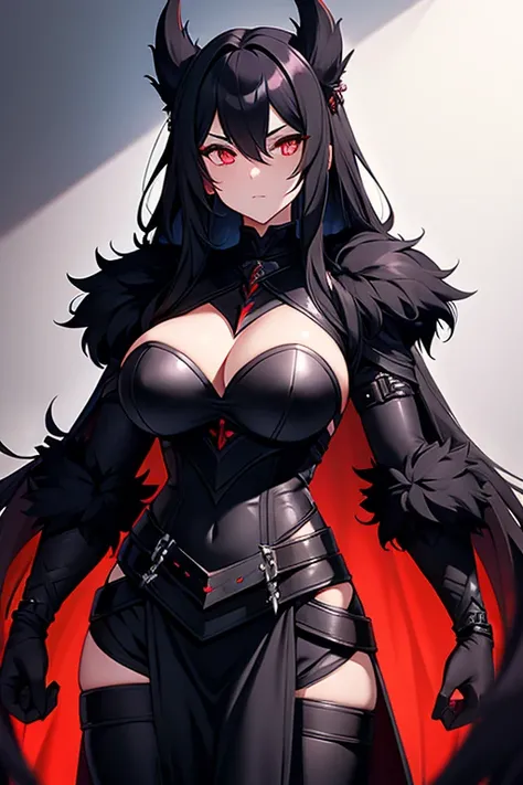 girl, long fur with a black neck, crimson eyes, big breasts, matte black metal armor.