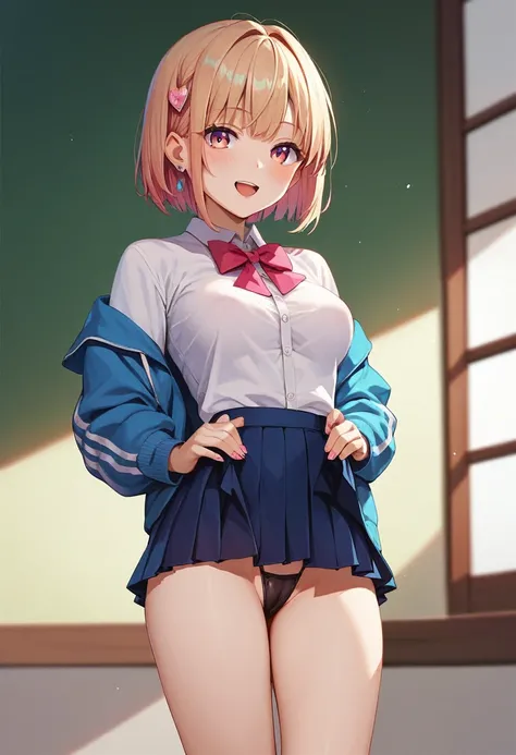 ((Best high quality:1.2)), (8k), extremely detailed, ((High detail:1.2)), Sakimi-chan style, 18 years old female, ((micro-skirt, transparet blouse)), ((medium breasts)),