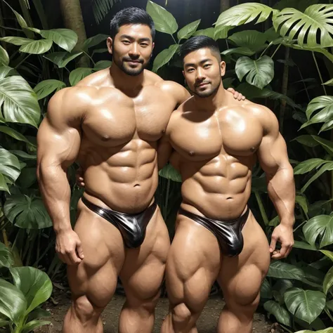 There is only one handsome Asian actor in the photo，35 years old，High target, Fitness，short hair, O-Shaped Beard，Perfect body, Dark skin color，Radiant Skin，Smooth skin，Muscle bulge, muscular, Very large pectoral muscles，Very sexy abdominal muscles，Very wel...