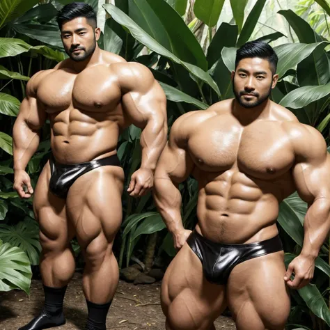 There is only one handsome Asian actor in the photo，35 years old，High target, Fitness，short hair, O-Shaped Beard，Perfect body, Dark skin color，Radiant Skin，Smooth skin，Muscle bulge, muscular, Very large pectoral muscles，Very sexy abdominal muscles，Very wel...