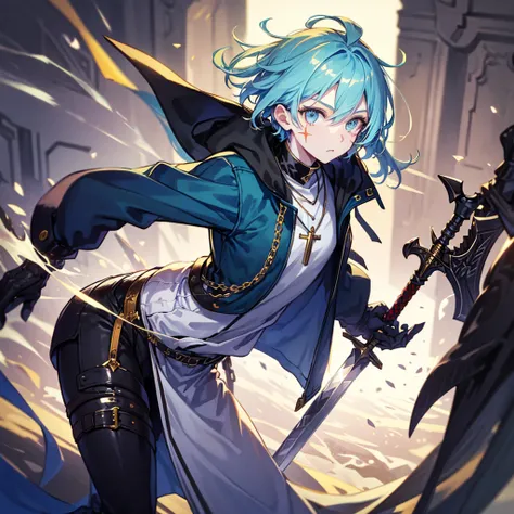 Boy Wearing blue jacket, light blue hair quite long, having separate color eye in the Right and red in the left then have a scar on in the left eye, wearing cross necklace (Wilding a sword).