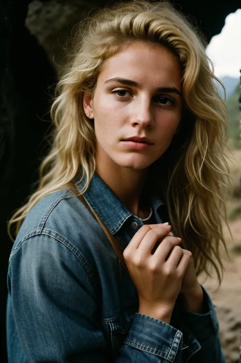 photograph of a woman, (troubled facial expression), textured skin, goosebumps, blonde afro hair, plaid flannel shirt with distressed boyfriend jeans, cowboy shot, dark and mysterious cave with unique rock formations and hidden wonders, perfect eyes, (cand...