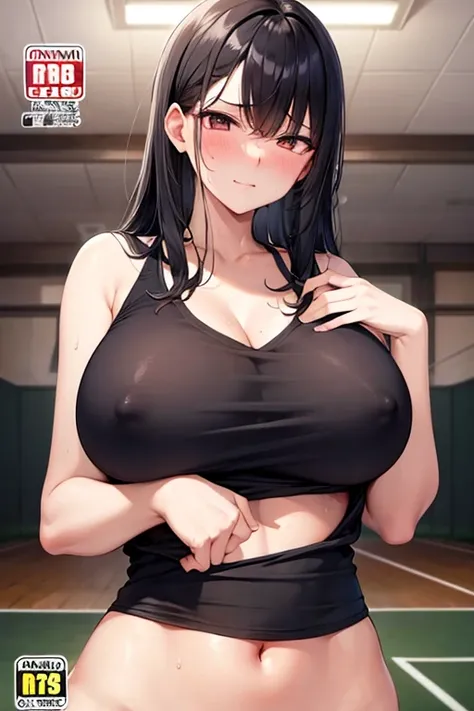 Black Hair、Big Breasts、with nipples、Embarrassed look、Blushing、Tennis court、sweating、Pet poses、No underwear、Cover your chest with your hands、Surrounded by several men