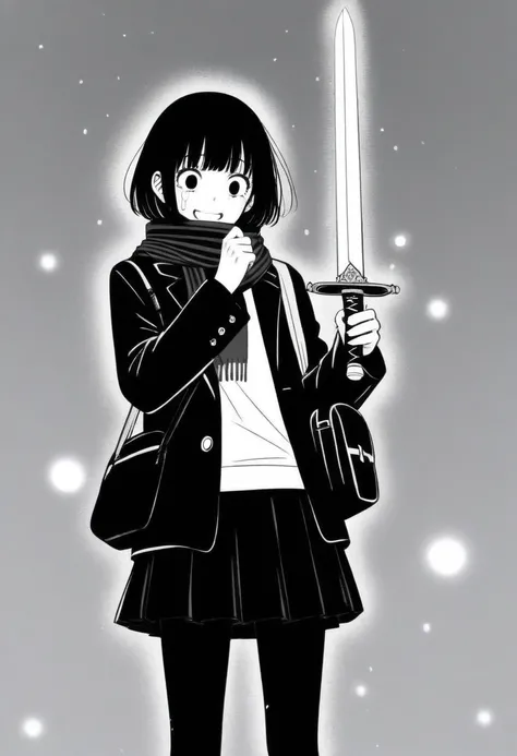 masterpiece, best quality, 1girl, mamerakkkkko, grayscale, manga style, japanese, chi no wadachi, black eyes, street, iced, black hair, schoolbag, smile, lineart, black coat, black scarf, black pleated skirt, leggings, centered, 18 years old, tall, fair sk...