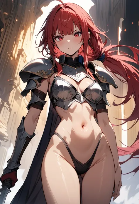 ((masterpiece,Highest quality:1.3)),cowboy shot,1woman,30 year old beauty,female knight,((very small head:1.2)),red hair,long hair,low ponytail,blunt bangs,red eyes,gorgeous eyes,Serious expression,medium breasts,((very long body:1.2)),((toned body,slender...