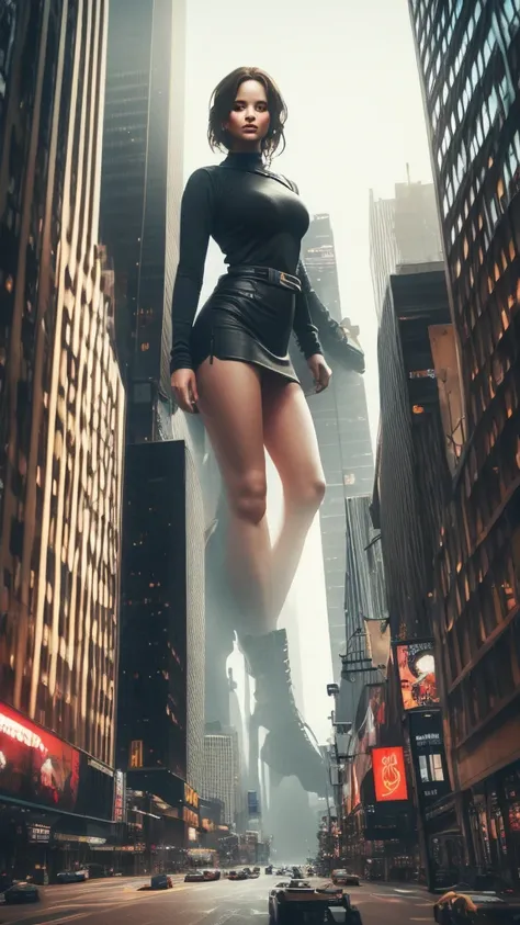 A giant woman sitting on the street playing with a cyberpunk city car, Little guys running around the giant girl, Standing on her hand, cgsociety 9, fantasy art, unreal engine render + a female spirit, whole body cgsociety, artgerm ; Surreal content, giant...