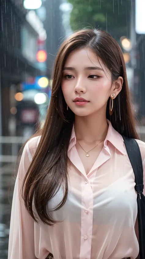 A beautiful 20-year-old woman with long brown hair and brown eyes. She has brown eyeshadow, a light pink blush on her cheeks, and a beauty mark under her left eye. She is standing in heavy rain, with her face and hair drenched. She is wearing a white blous...