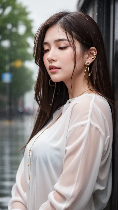 A beautiful 20-year-old woman with long brown hair and brown eyes. She has brown eyeshadow, a light pink blush on her cheeks, and a beauty mark under her left eye. She is standing in heavy rain, with her face and hair drenched. She is wearing a white blous...