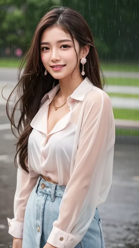 A beautiful 20-year-old woman with long brown hair and brown eyes. She has brown eyeshadow, a light pink blush on her cheeks, and a beauty mark under her left eye. She is standing in heavy rain, with her face and hair drenched. She is wearing a white blous...