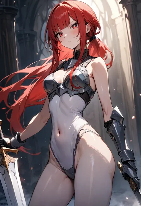 ((masterpiece,Highest quality:1.3)),cowboy shot,1woman,30 year old beauty,female knight,((very small head:1.2)),red hair,long hair,low ponytail,blunt bangs,red eyes,gorgeous eyes,Serious expression,medium breasts,((very long body:1.2)),((toned body,slender...