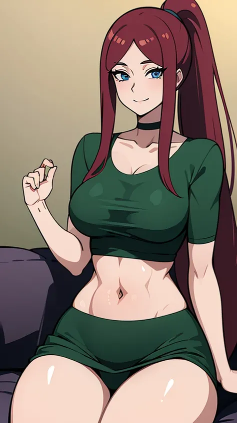 uzumaki_kushina,massive large_breasts, large thighs,large_ass, solo, green shirt,navel, cleavage ,ponytail,tight dress, masterpiece, best quality, detailed face, detailed eyes, highres, (masterpiece:1.4, best quality:1.2), (Highres), (Detailed Illustration...