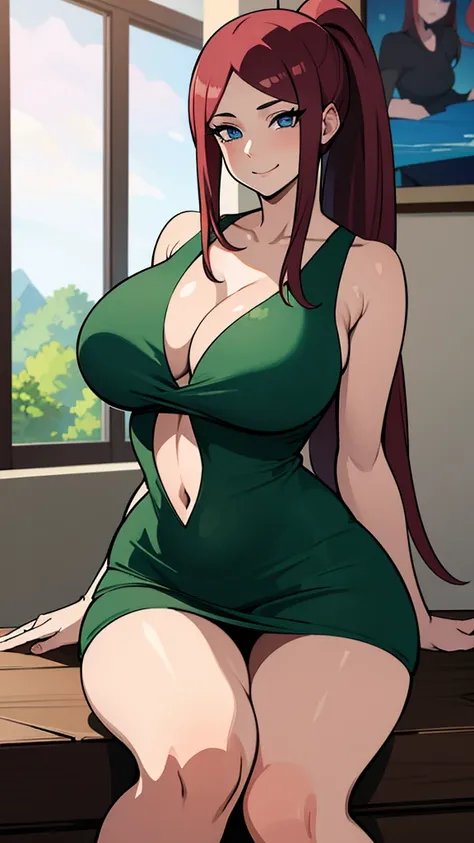 uzumaki_kushina,massive large_breasts, large thighs,large_ass, solo, green shirt,navel, cleavage ,ponytail,tight dress, masterpiece, best quality, detailed face, detailed eyes, highres, (masterpiece:1.4, best quality:1.2), (Highres), (Detailed Illustration...