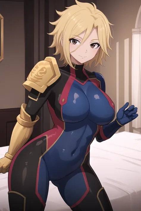 1girl, solo, dimaria, short hair, blonde hair, brown eyes, bodysuit, pauldron, shoulder pads, shoulder armor, boots, skin tight, covered navel, large breasts, light smile, close up, big breasts, room,