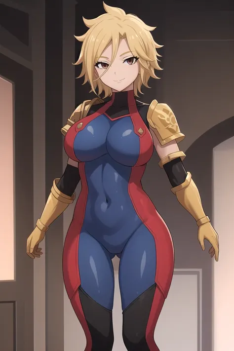 1girl, solo, dimaria, short hair, blonde hair, brown eyes, bodysuit, pauldron, shoulder pads, shoulder armor, boots, skin tight, covered navel, large breasts, light smile, close up, big breasts, room,