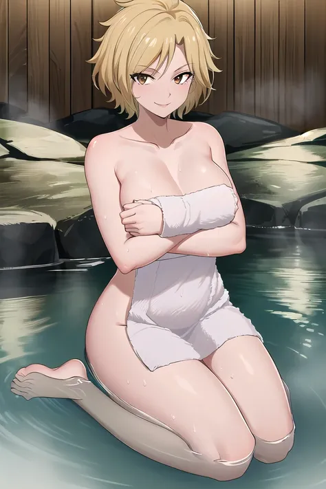 masterpiece, absurdres , (intricate details), (colorful),cinematic lighting,bust shot,extremely detailed CG unity 8k wallpaper, dimariayesta, (naked towel, seiza, nude cover:1.3), onsen, steam, (partially submerged:1.2), smile, looking at viewer, sitting
