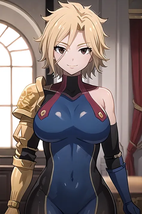 masterpiece, best quality, dimaria, 1girl, short hair, blonde hair, brown eyes, bodysuit, pauldron, shoulder pads, shoulder armor, boots, skin tight, covered navel, large breasts,closeup, upper body, smile, room,