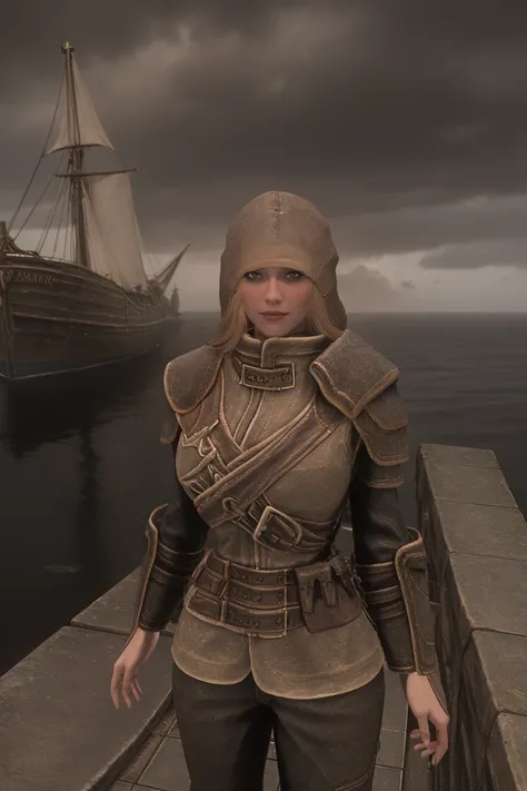 A majestic female Breton stands at the the ship, her long, blond hair whipping in the rain-soaked wind. She wears a worn leather hood, its edges flapping open to reveal her determined expression. The grey sky above is reflected in the calm waters, as the s...