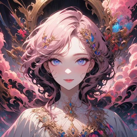 Generate an anime-style portrait of a young female character with long, flowing pink hair, piercing blue eyes, and a gentle smile. She should be wearing a white dress with intricate lace detailing.