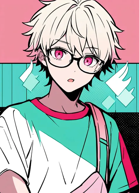 Create an anime-style illustration of a teenage boy. The boy should have a cheerful expression with an open mouth, similar to the girl in the reference image. He should have short, light-colored hair with a darker underlayer. The boy should wear glasses wi...